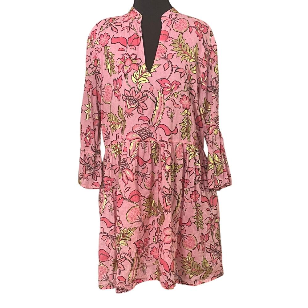 Jude Connally Faith Dress LG Pink Gold Floral Cotton Voile Babydoll Boho Resort